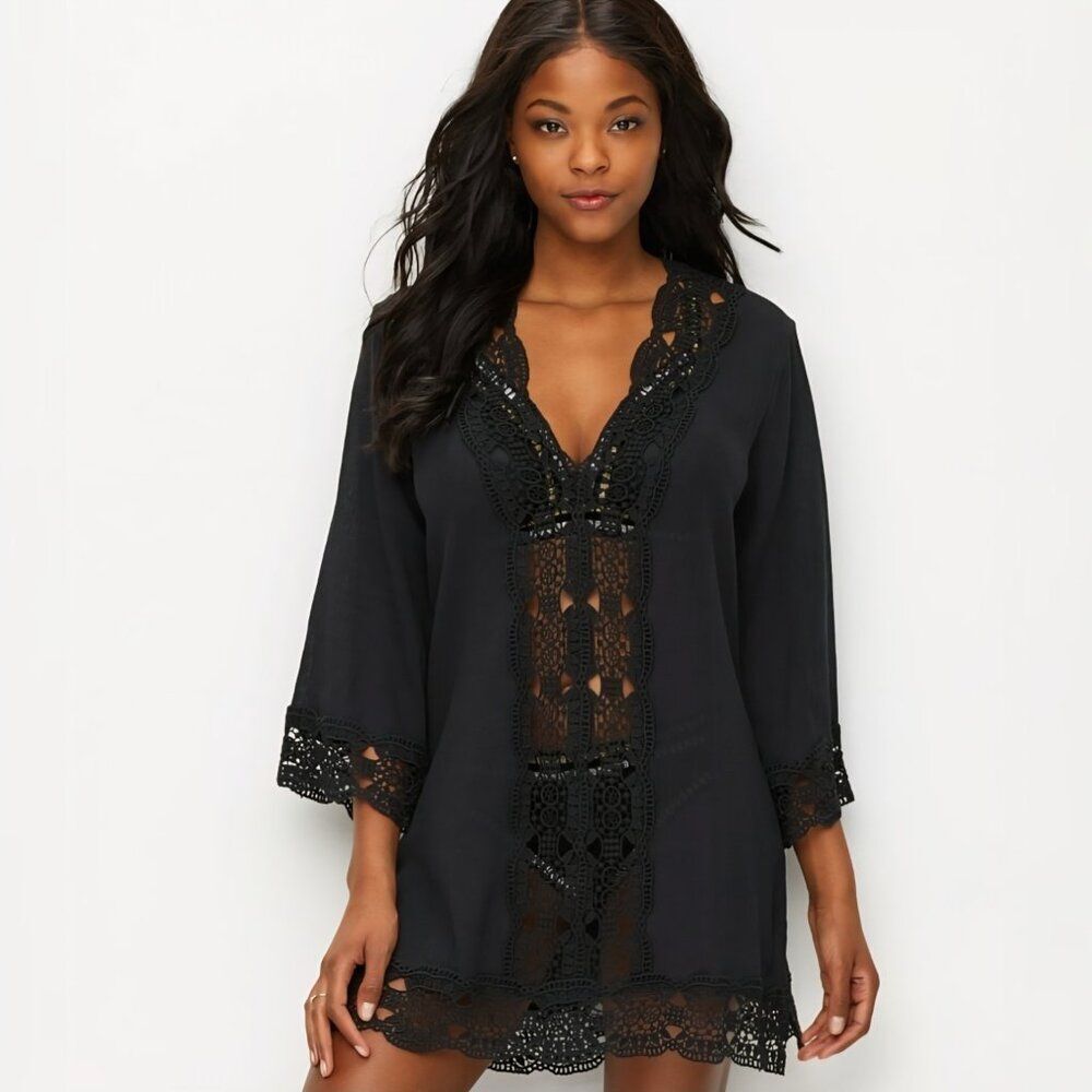 La Blanca - L Tunic Swim Cover-Up Women’s Embroidered Floral Lace Black